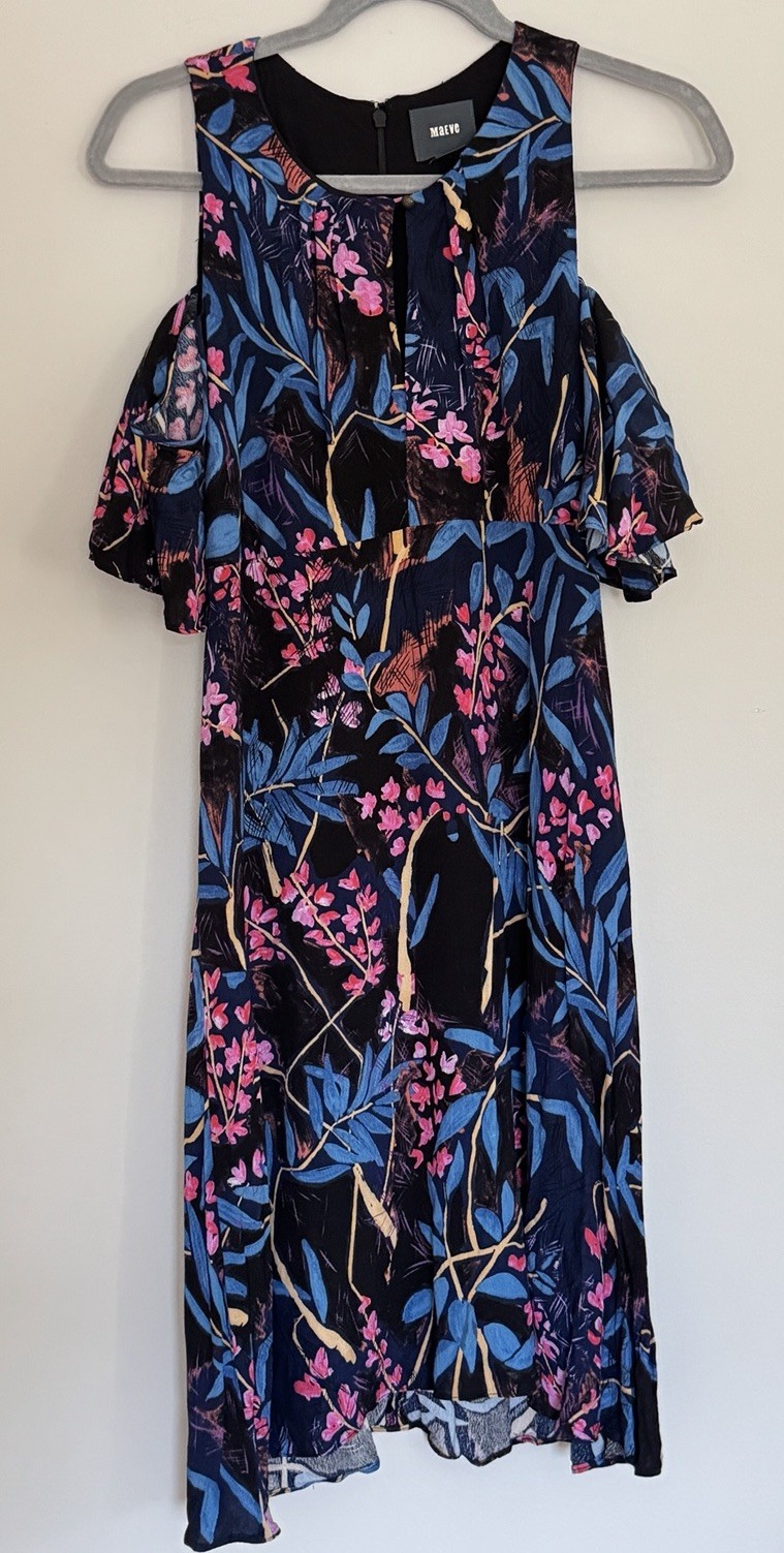 Anthropologie Maeve Elia Floral Open Shoulder Ruffle Sleeve Dress Sz 4
