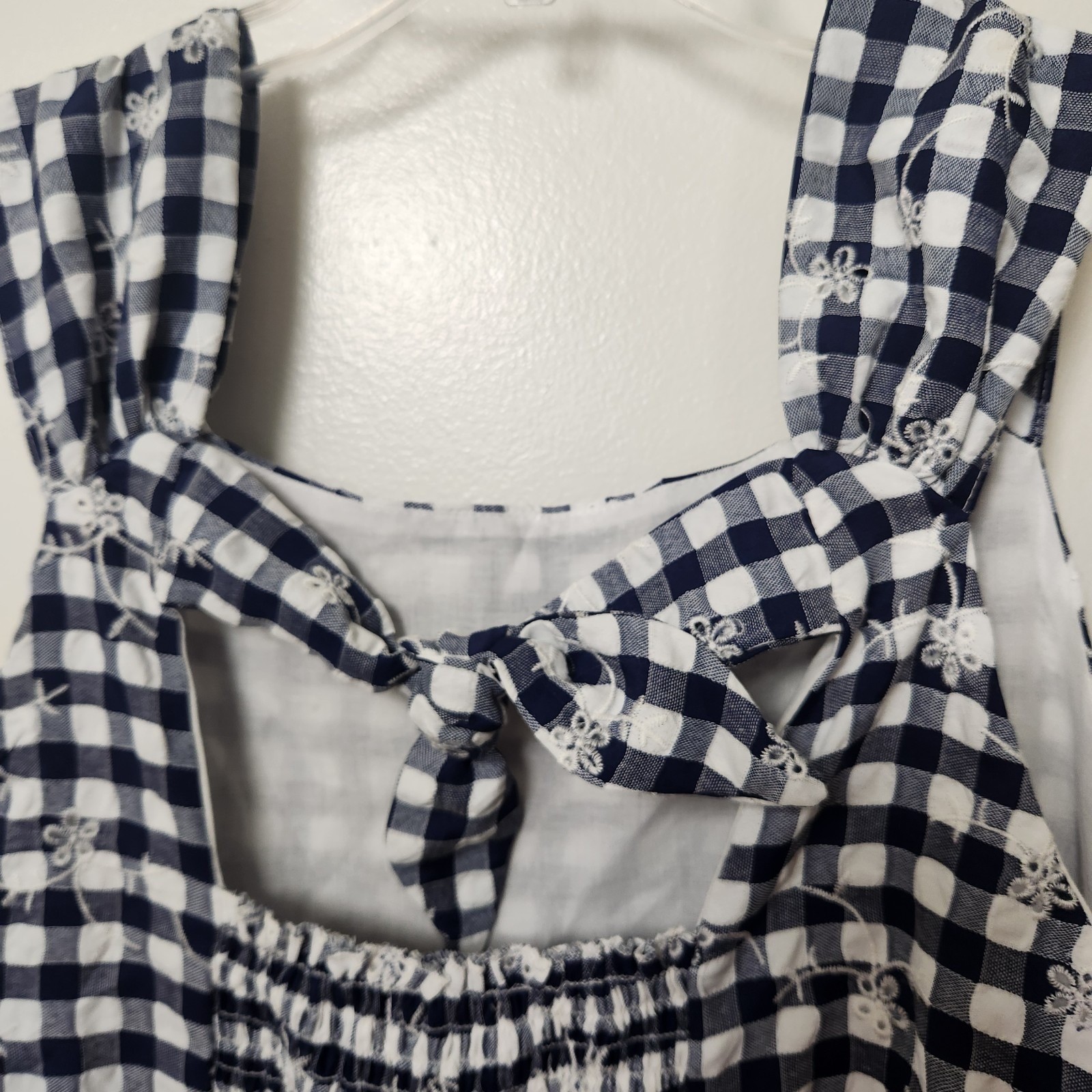 Blueberi Boulevard Blue White Gingham Plaid Midi Dress XXL Tired Smocked Ruffle