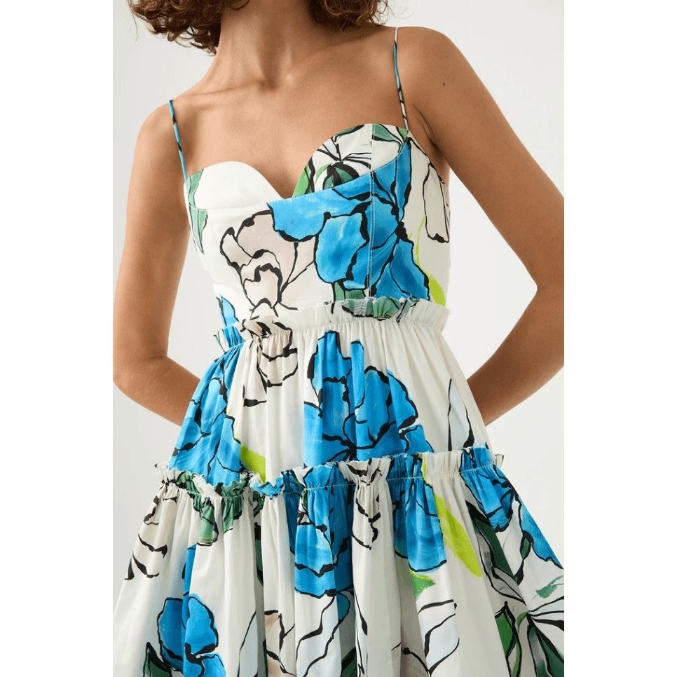 Aje Maya Tiered Mini Dress Cool Camellia Floral Cotton NWT UK6/US2