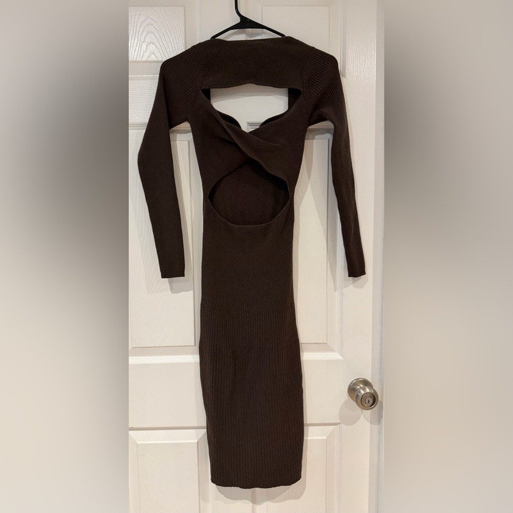 Open Back Low Back Ribbed Long Sleeve Sweater Maxi Dress Sz S Slit Cotton Blend