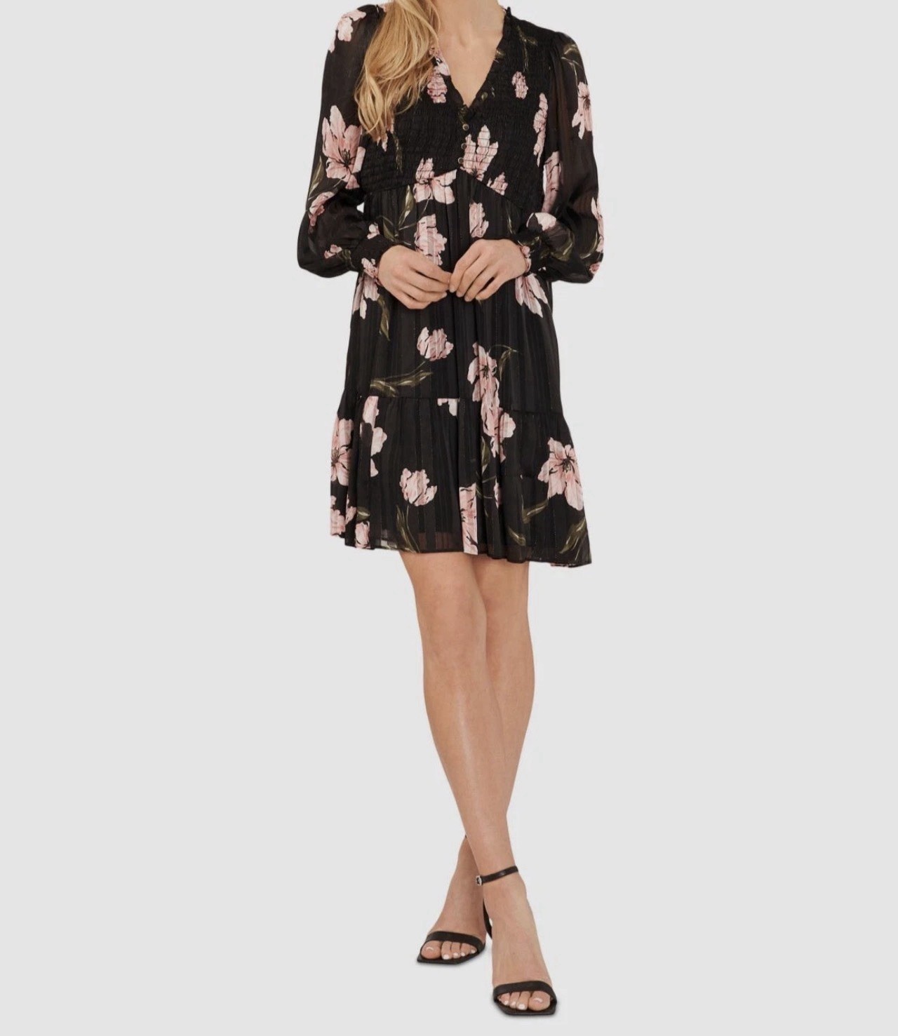 CeCe Women’s Black Floral Smocked Tiered V-Neck Long Sleeve Dress Size L