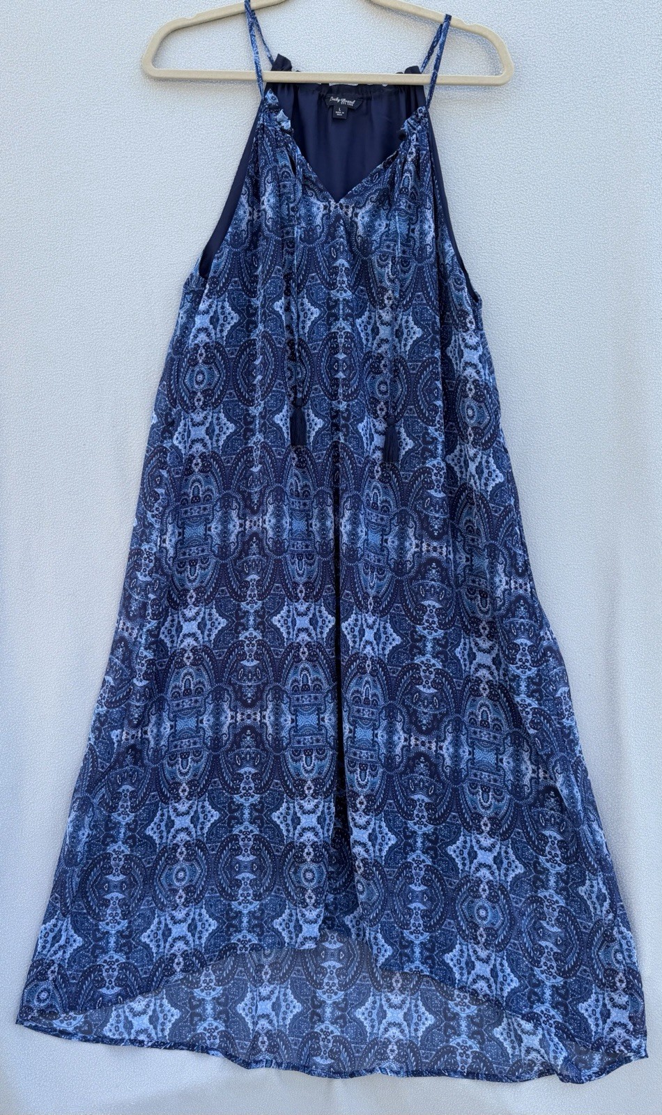 Lucky Brand Women’s Large Summer Blue Paisley Boho Halter Swing Dress Tassel L