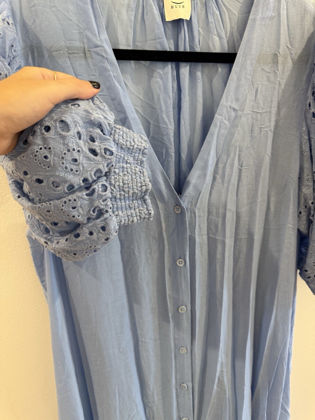 Husk Baby Blue Button Up Smock Dress With Eyelet Ballon Sleeves And Hem Size 16