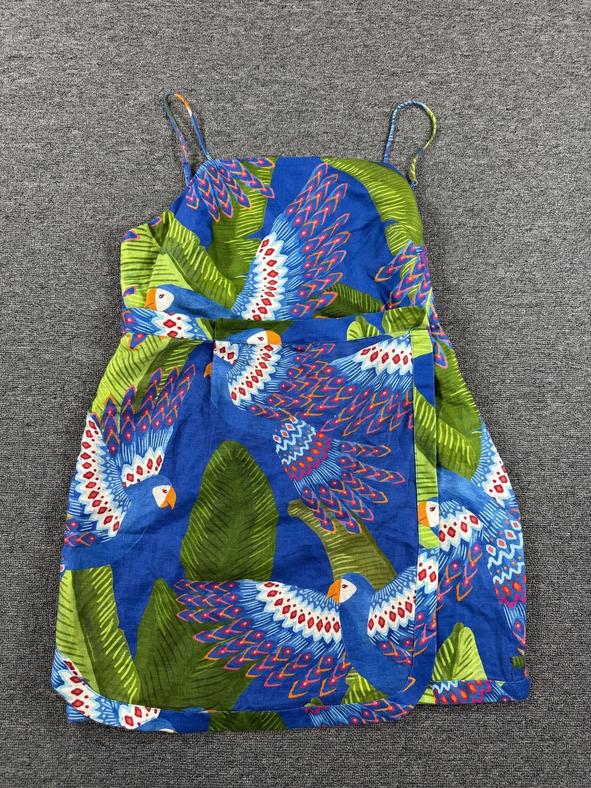 Farm Rio Dress Womens Large Blue Linen Blue Macaw Parrot Mini Sundress Boho