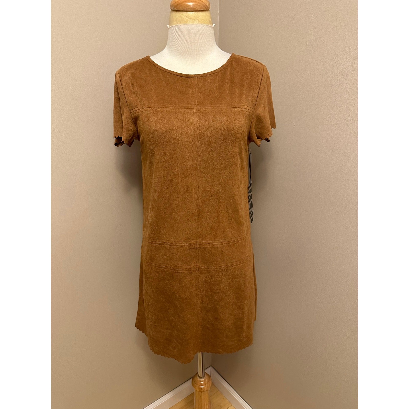 NWT HYFVE Camel Suede Scalloped Sleeve Dress Sz Small