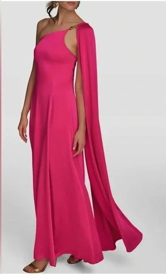 Donna Karan Audacious Pink One-Shoulder Cape Chain Detail Gown Size 12 $269