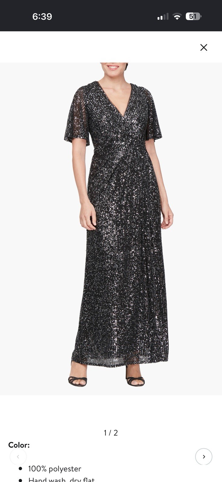 SLNY Black/Silver Sequin V-Neck Maxi Dress Short Flutter Sleeve 18W