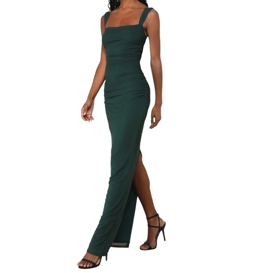 Lulus Amazing Presence Dark Green Mesh Ruched Column Maxi Dress Small Party