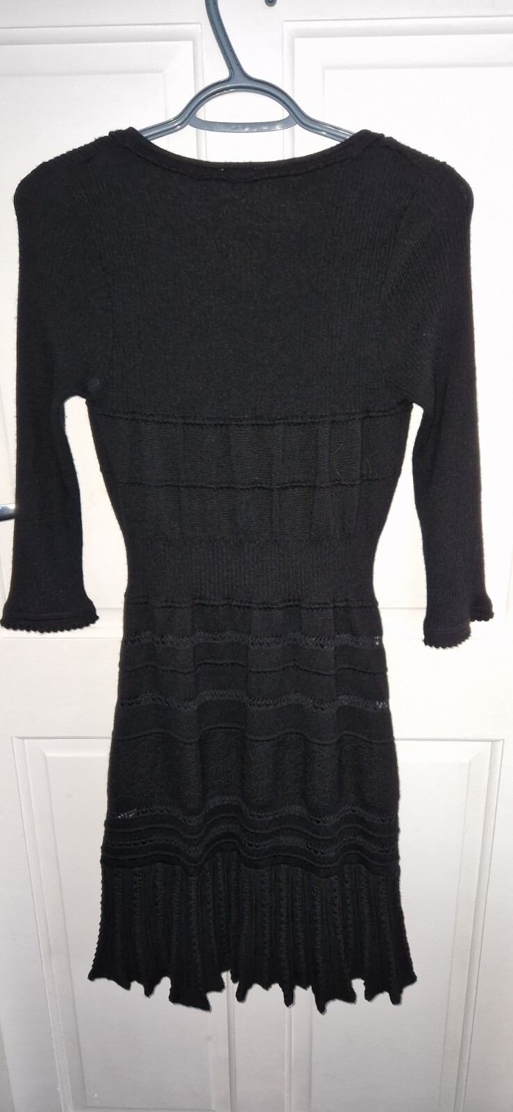 Karen Millen Dress Size 3 Black Wool Blend Crochet Knitted Stretch Lined Spring