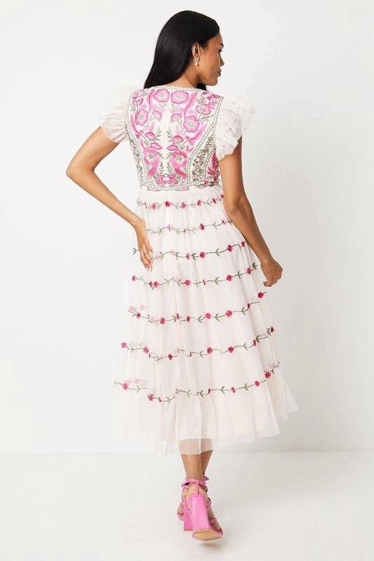 Coast Pink Embroidered Floral Tulle Occasion Party Maxi Dress UK 14 US 10