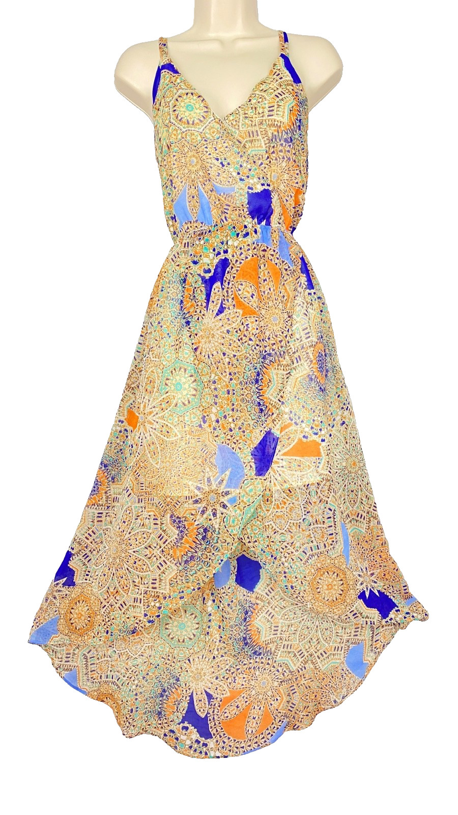 MISS ME mosaic sundress S white orange blue floral sheer hi low sleeveless midi