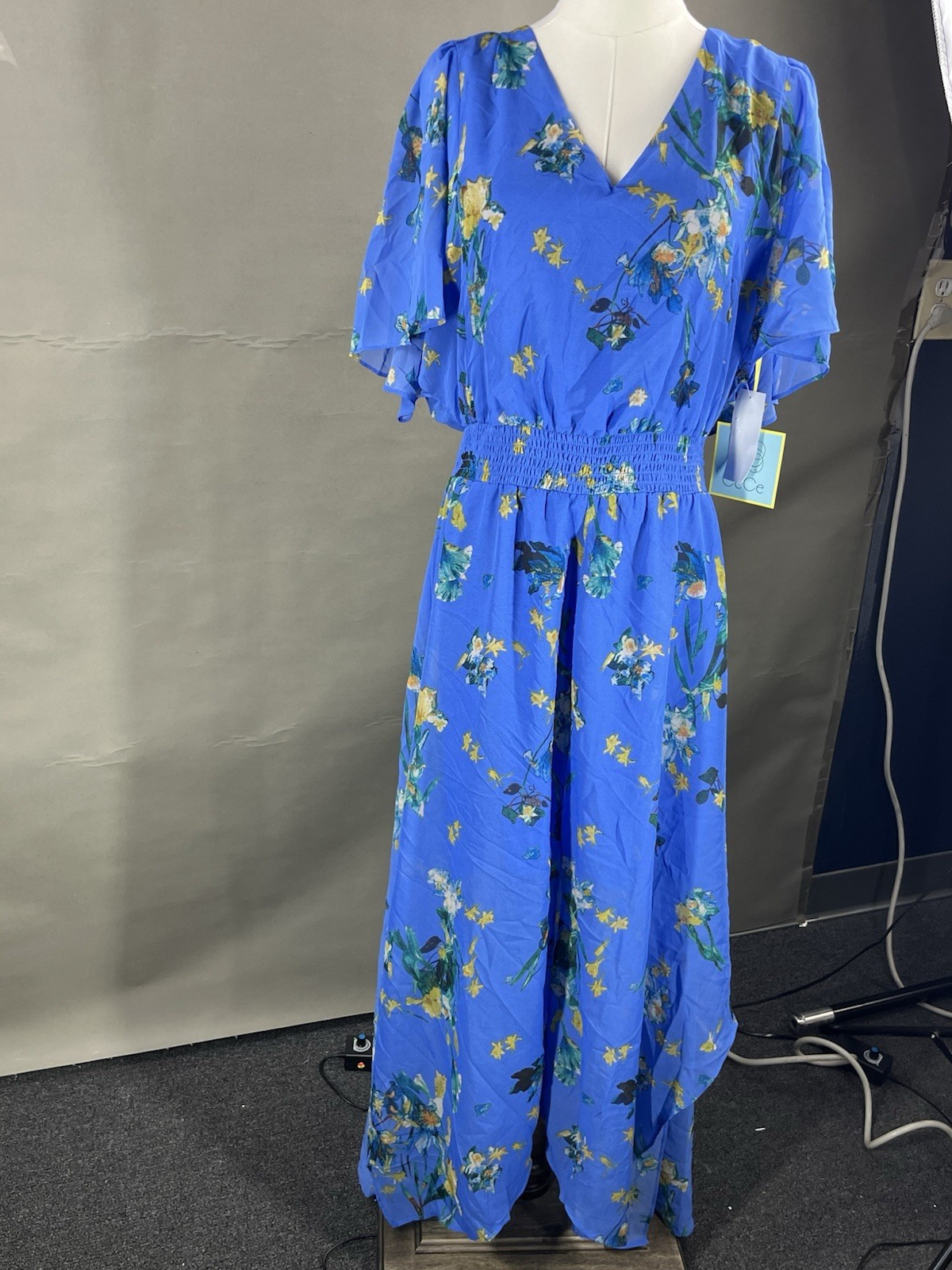 Women’s CeCe Dress X Large Blue Floral Short Sleeve Cinched Waist Below Knee