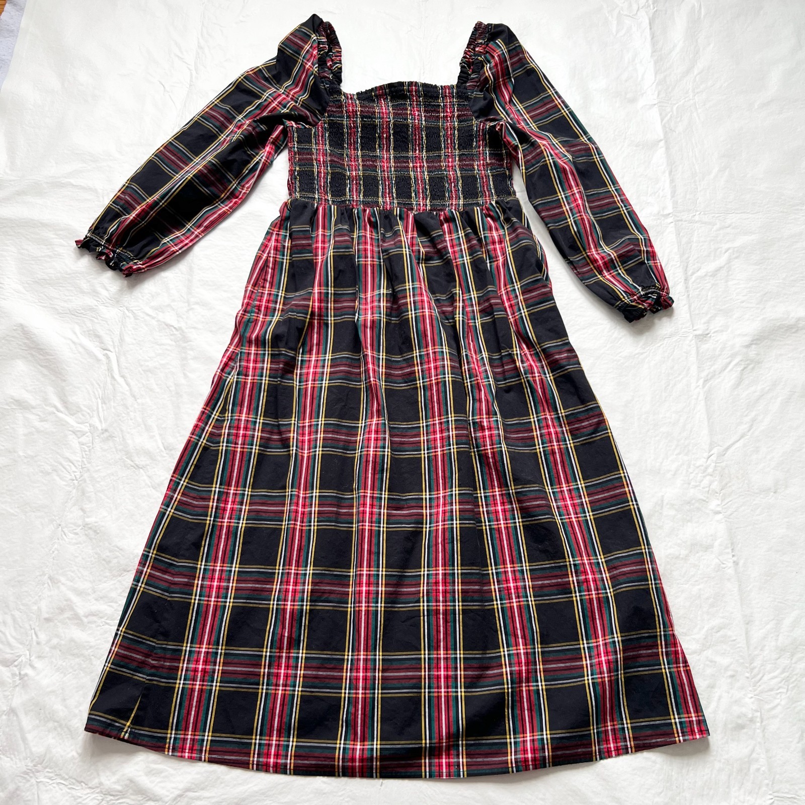 J Crew dress long sleeve black red tartan smocked womens Medium midi cotton