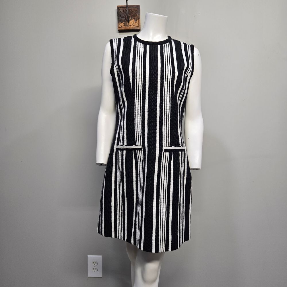 Carven Mini Dress EU 42 US 12 Black White Stripe Tweed Mod Go-go Retro 60 Luxury