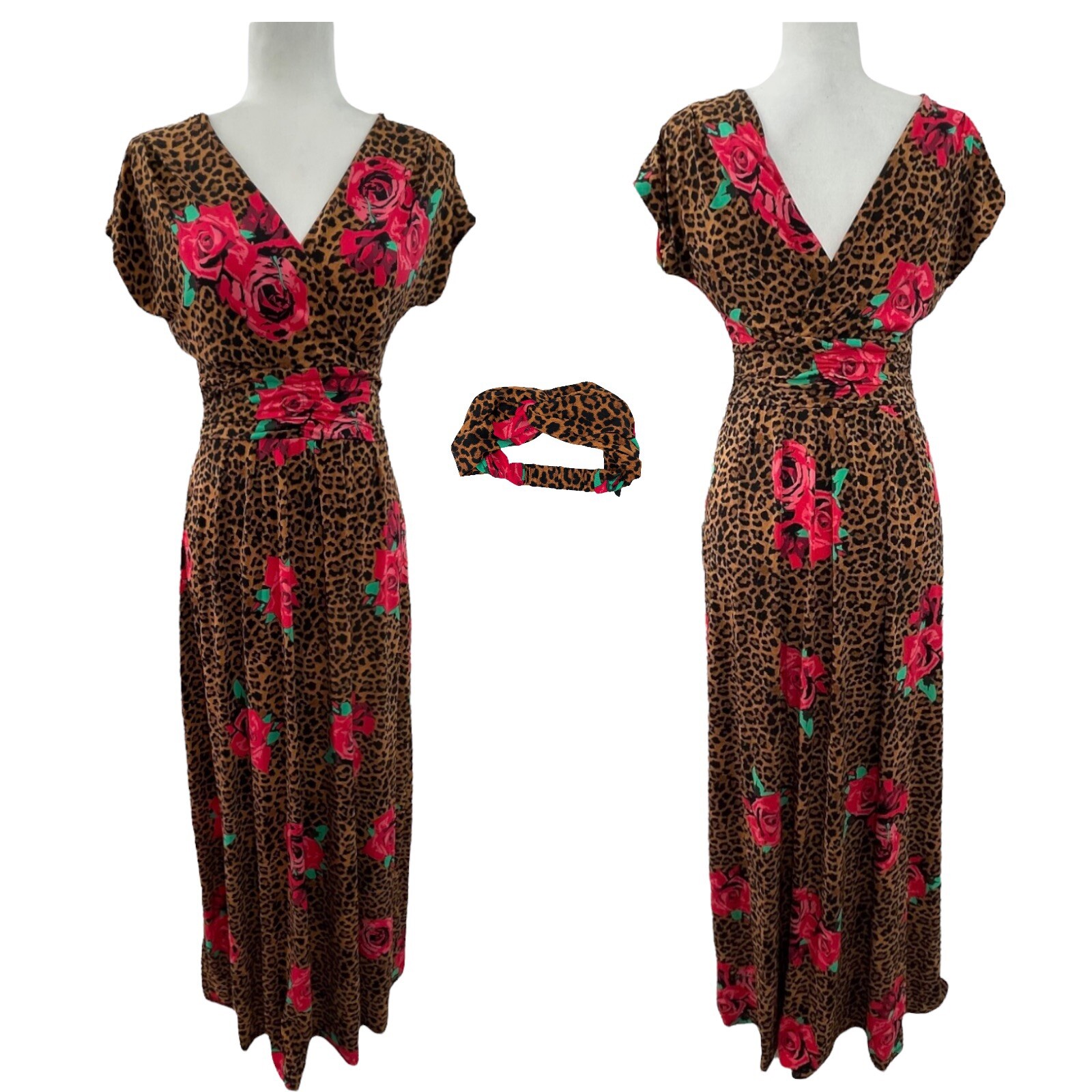 IMAN Maxi Dress w Head Wrap Wrinkle Resistant 8-10 Petite M Leopard Rose 692-183