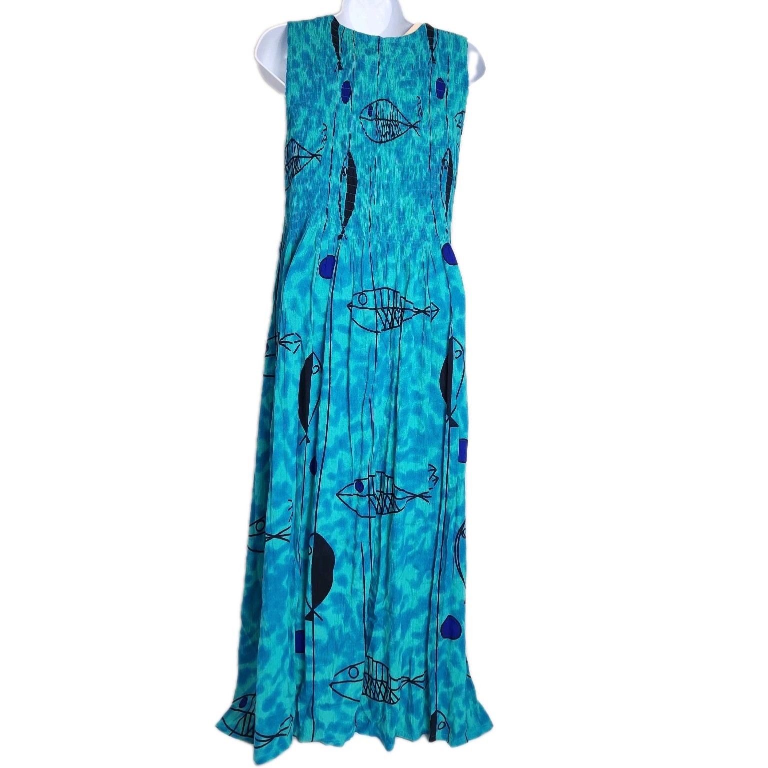 Kaktus Dress Womens Medium Blue Fish Print Sleeveless Summer Maxi Beach Resort
