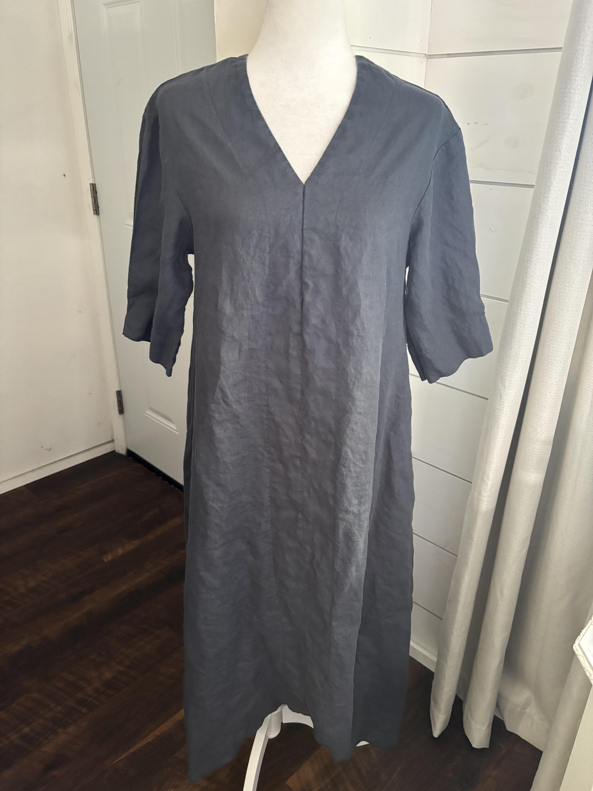 Moutaki Dress Womens Medium Blue Linen V Neck Midi Shift Short Sleeve Greece