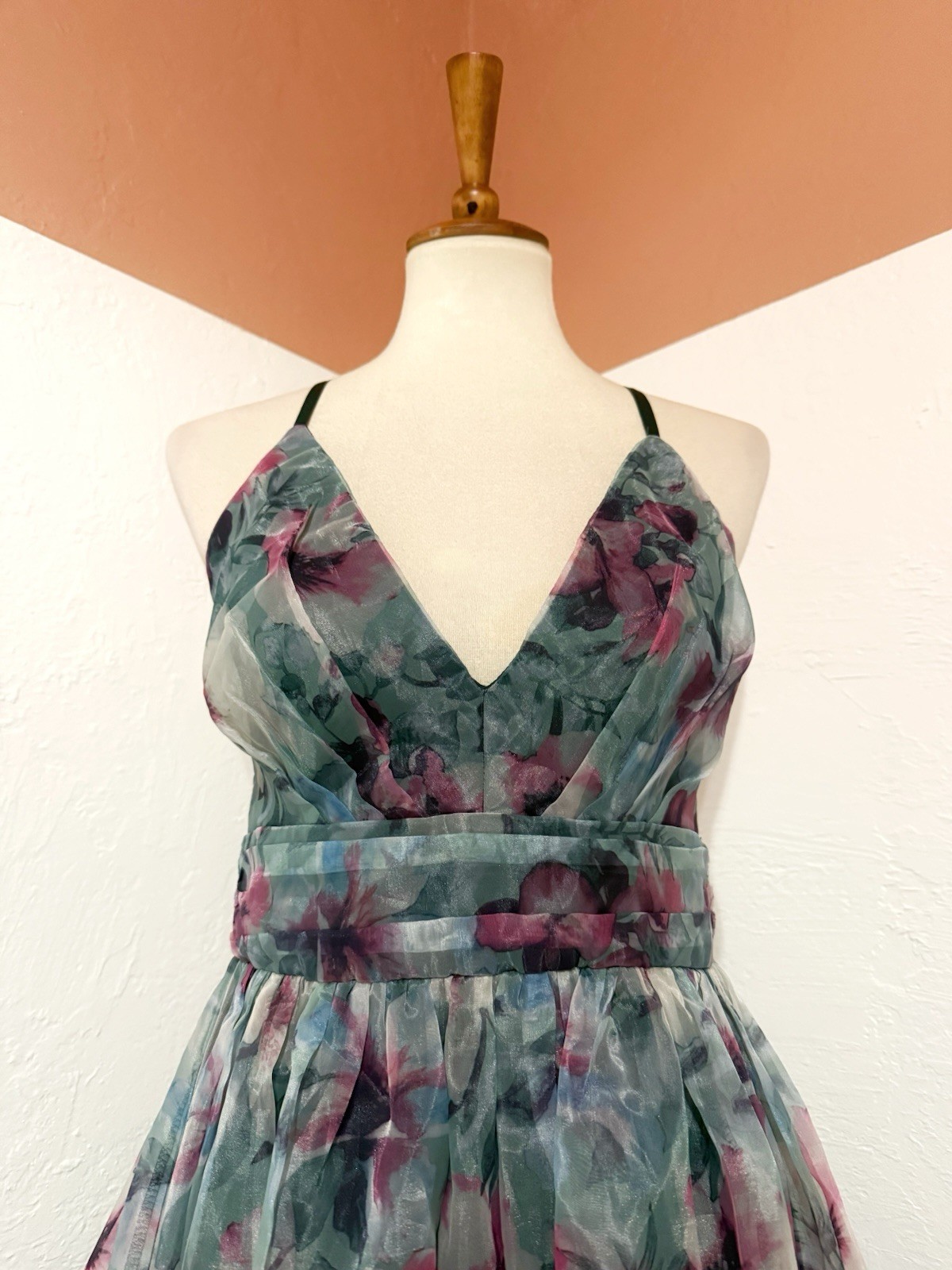 NWT Lulus Romance That Wows Dark Teal Floral Print Organza Maxi Whimsy Dress M