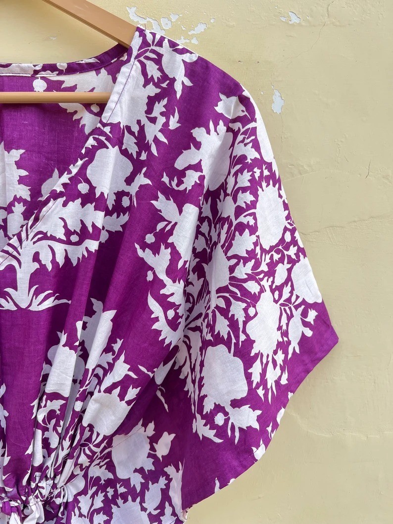 Indian Purple Floral Handmade Cotton Kaftan Maxi Dress Women’s Clothing Gown US