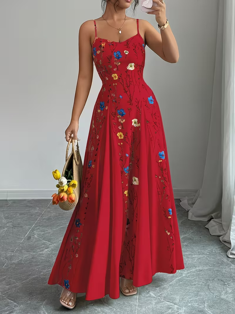 Red Romantic Floral Maxi Dress French Spring Elegance