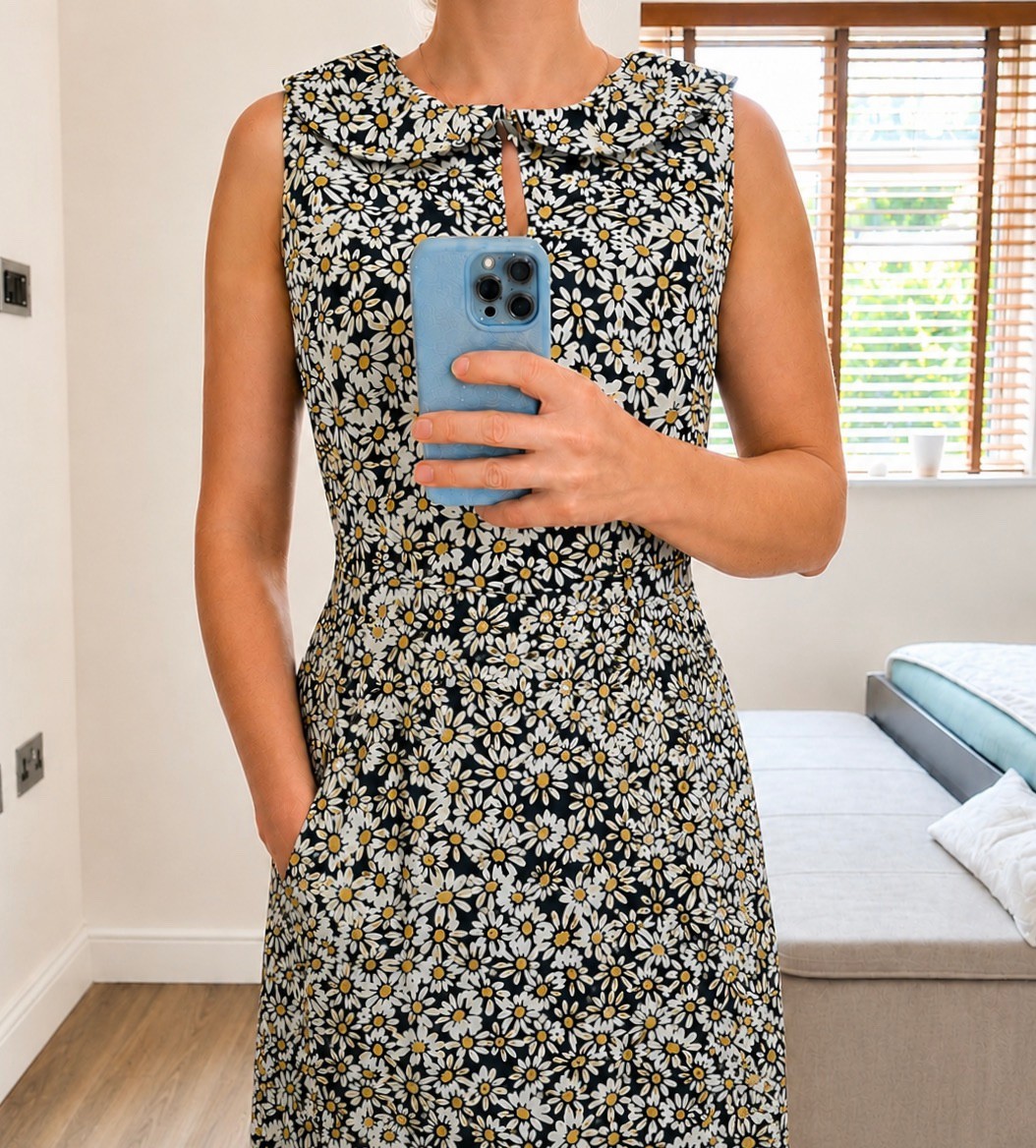 UK 8 / 10 ANNE KLEIN 50s 60s Retro Style Cotton Sleeveless Daisy Summer Dress
