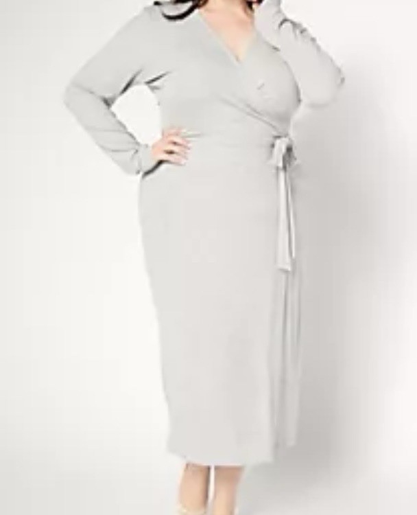 Barefoot Dreams Ultra Soft Rib Wrap Dress Gray XL Long Sleeve V-Neck Midi