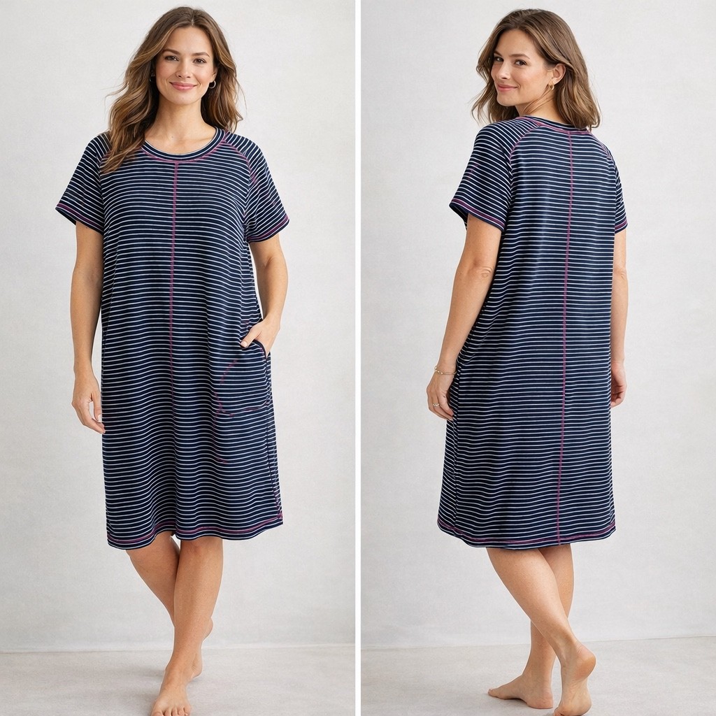 J Jill Fit Shift Dress Stripe Navy White Pink Stitch Pocket XL French Terry
