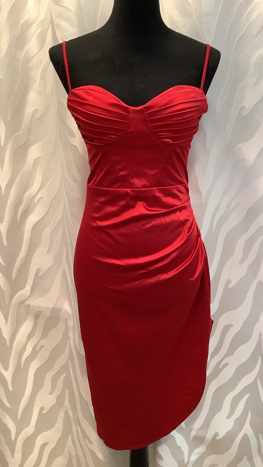 B. Darlin Red Stretch Satin Bustier A-Line Bodycon Midi Dress 7/8