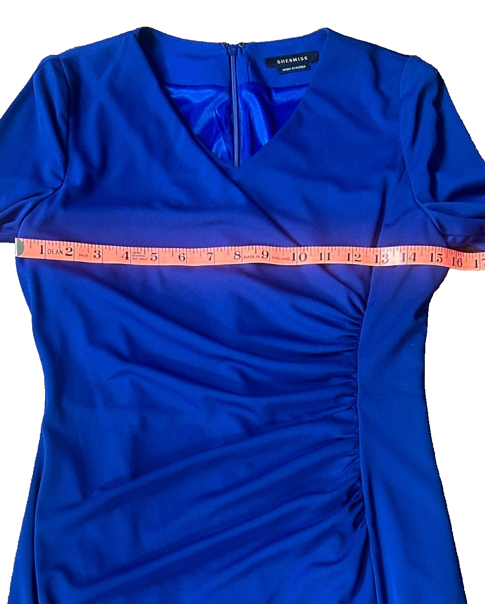 Shesmiss Blue Long Sleeve Polyester V-Neck Ruched Dress Made In Korea, Sz 4 -EUC