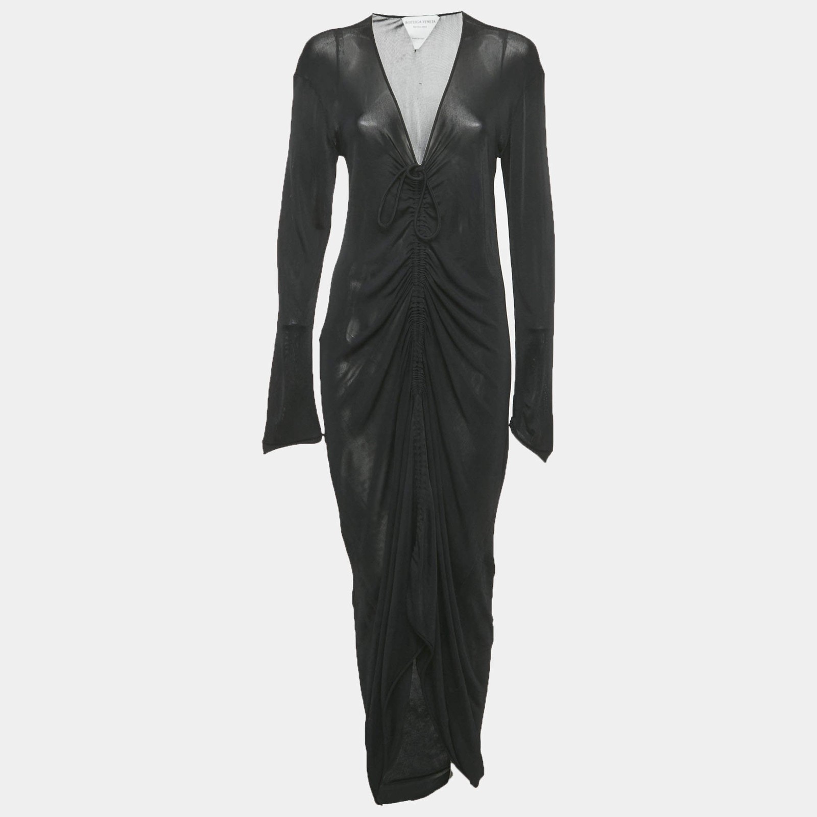 Bottega Veneta Black Stretch Knit Ruche Midi Dress S
