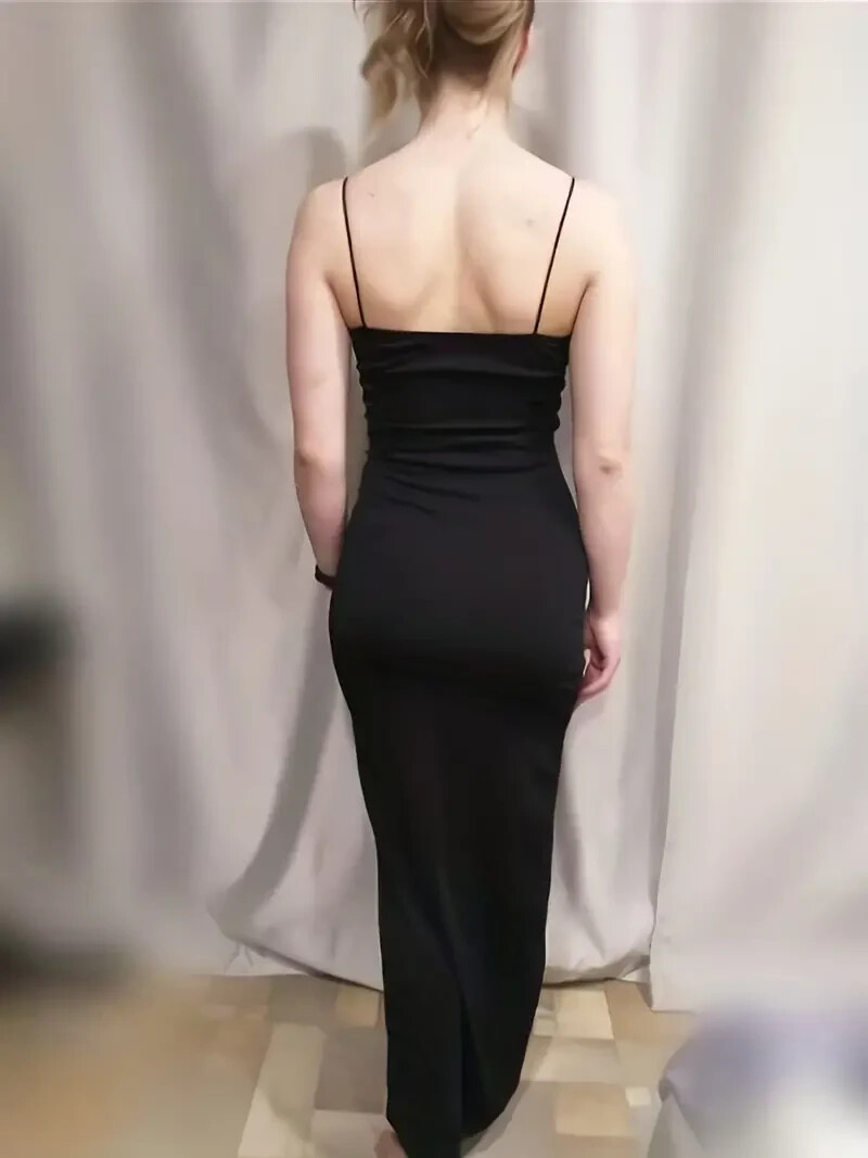 Sexy Black Bodycon Split Cami Dress Backless Spaghetti Straps High Stretch US