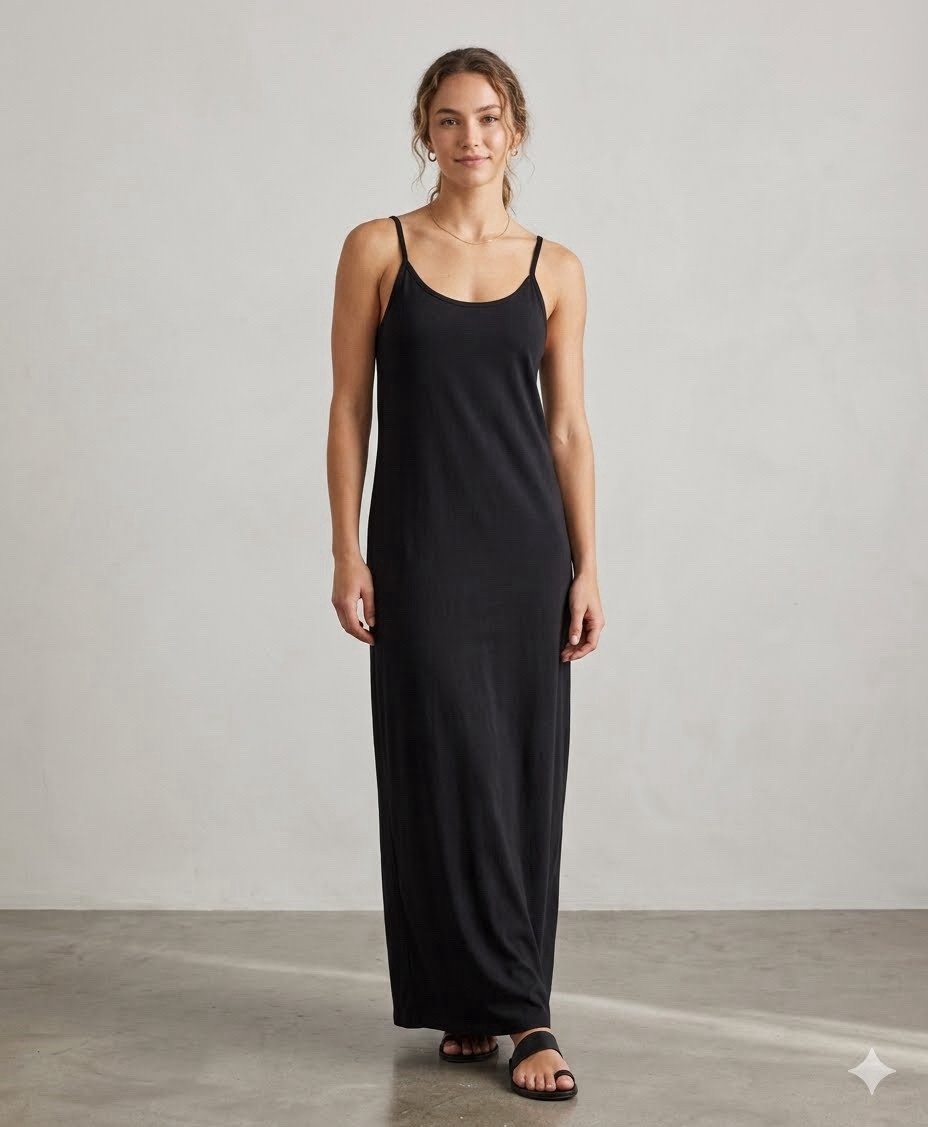 Black Slip Maxi Dress Slinky Spaghetti Strap With Pockets Side Slit Size Small