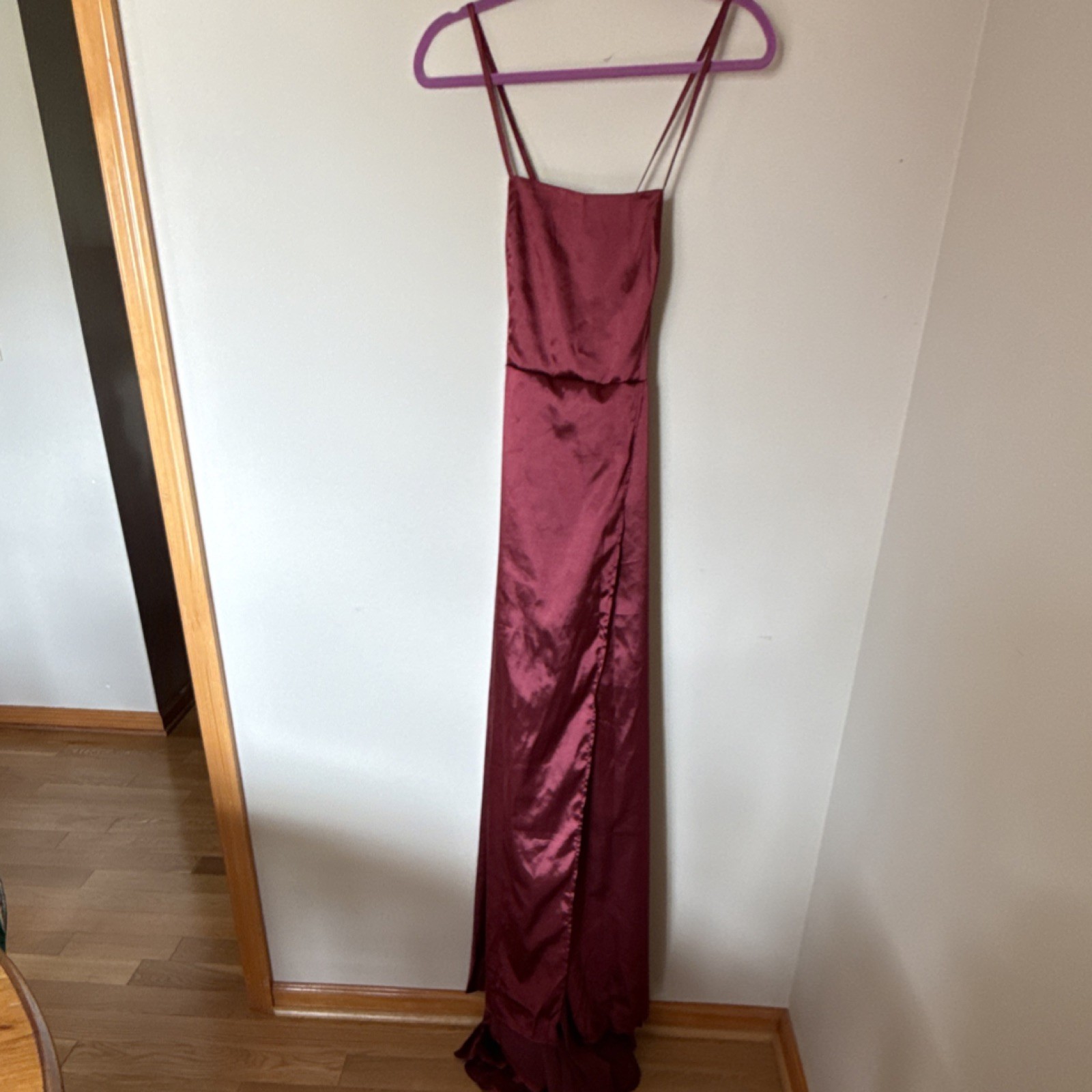Burgundy Satin Strappy Lace Up Side Slit Lined Long Gown Dress M