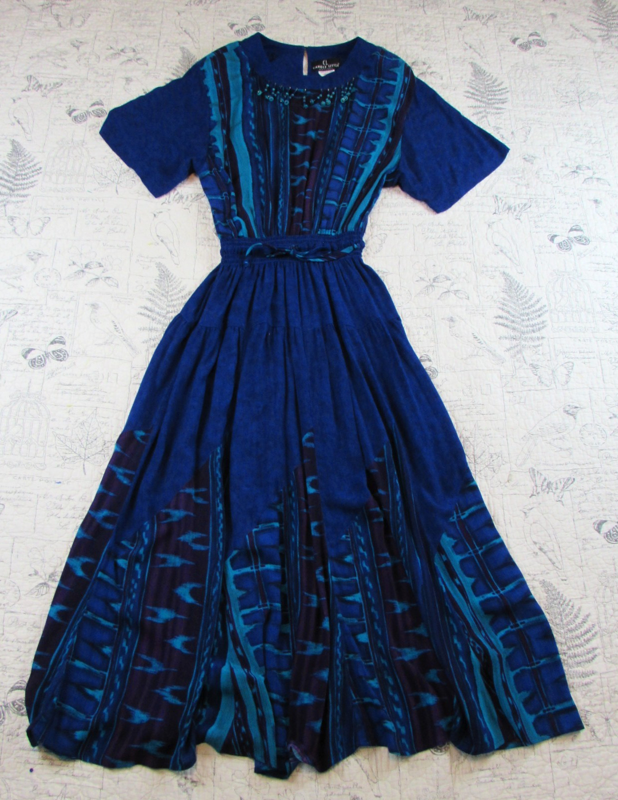 Vtg Carole Little multi fabric midi dress Blue 90s Artsy Boho Cottagecore sz 16