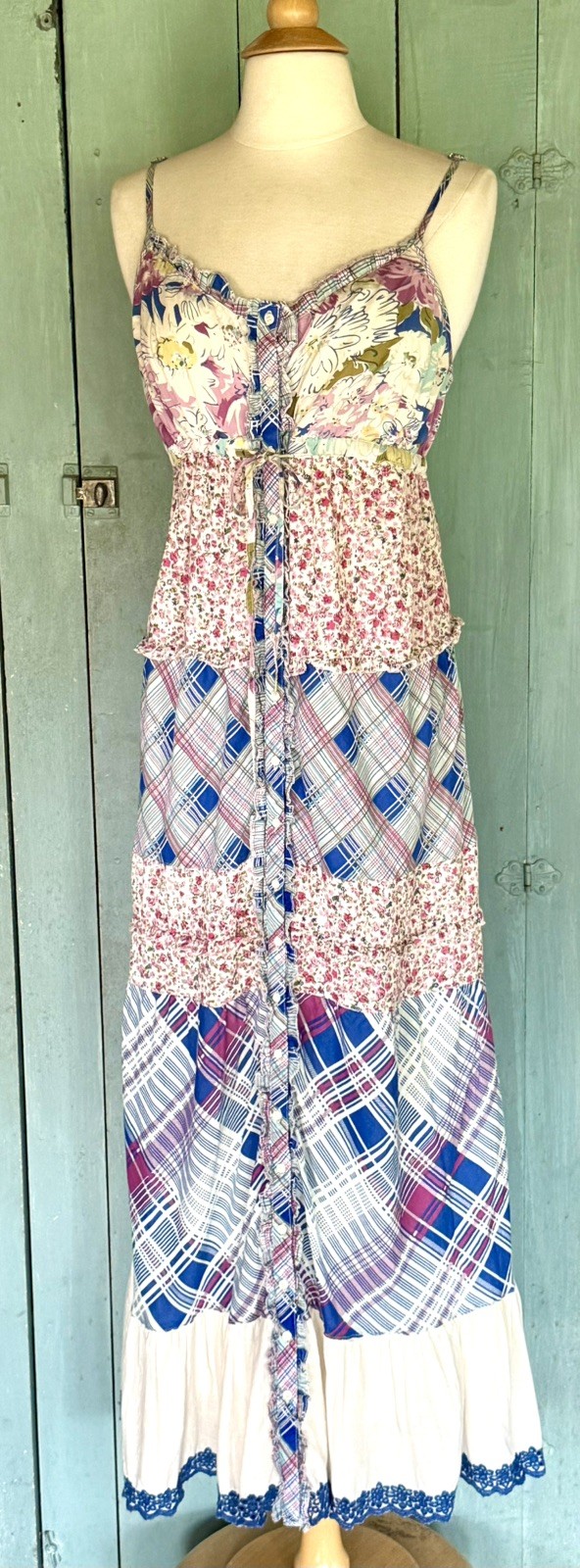Sundance Patchwork SunDress BohoPeasant Cottagecore Eyelet Embroidery Btn Down M