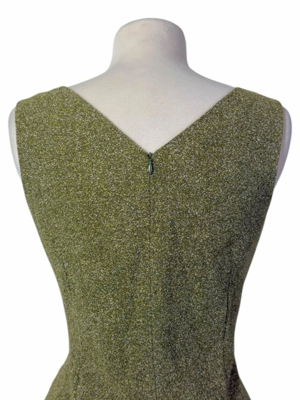 David Meister Olive Green Wool Boucle Ruffle Hem Sleeveless Sheath Dress 6