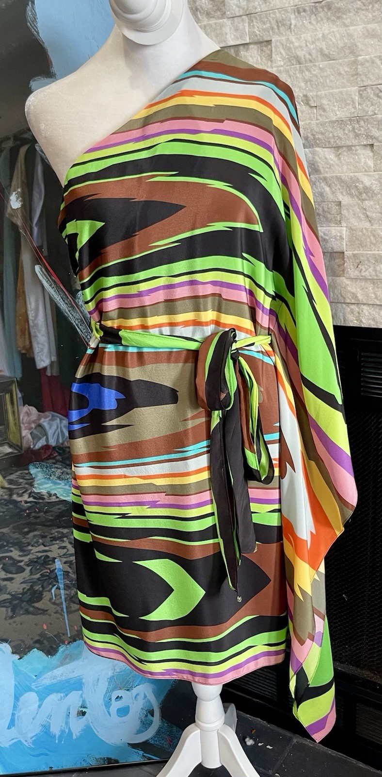 Milly Of New York Silk Striped One Shoulder Bat Sleeve Belted Dress Size 6