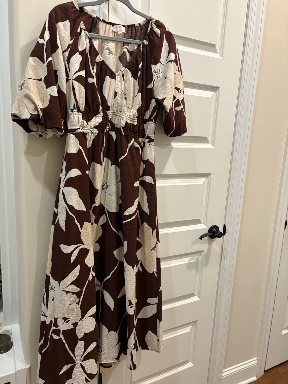 LOFT VERY CUTE BROWN&BEIGE LG FLOWER Midi DRESS Small Petite