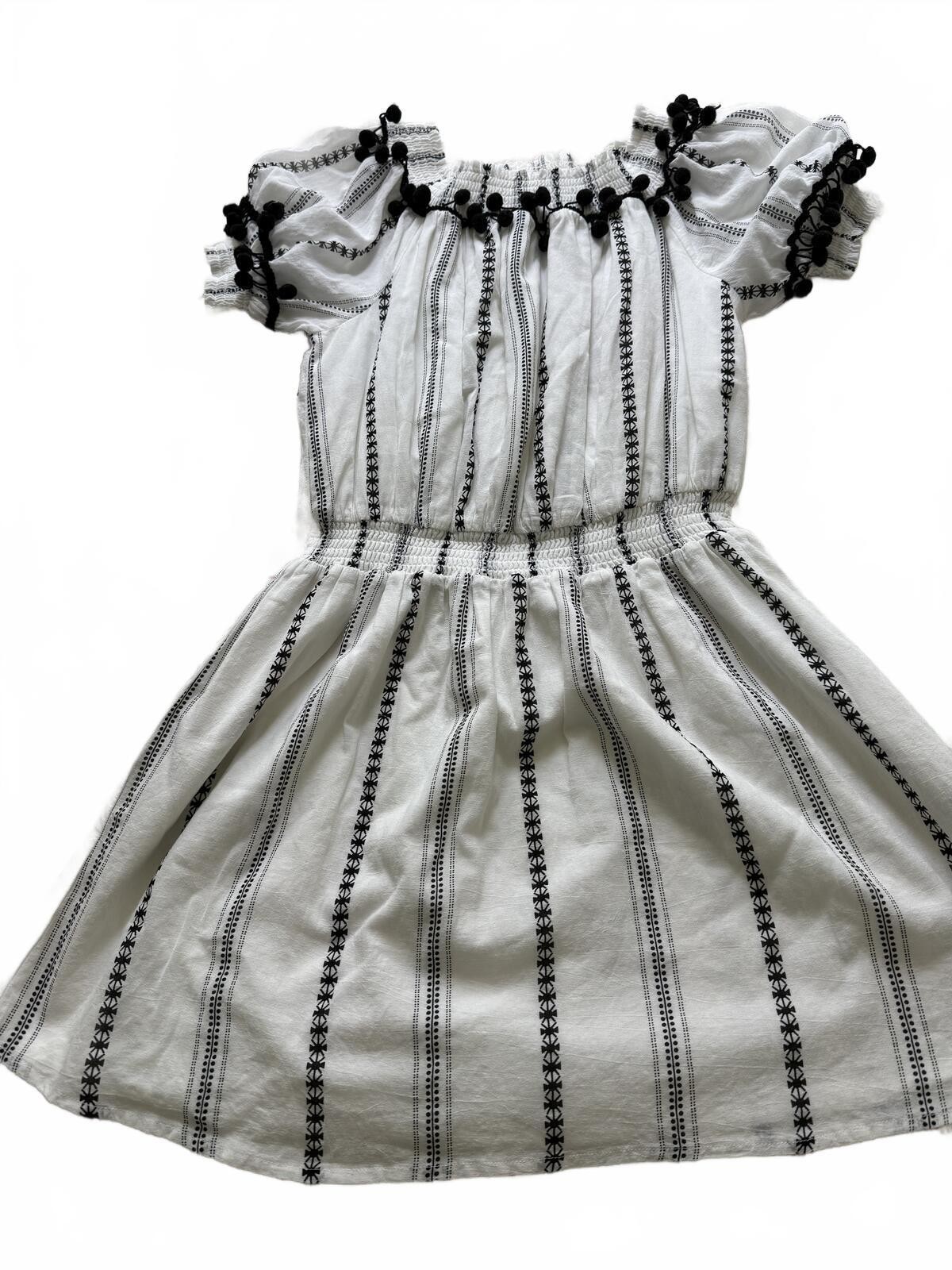 JUPEVENDU BOHO White Black Tasseled Cotton Short Sleeve Dress Elastic waist SZ S