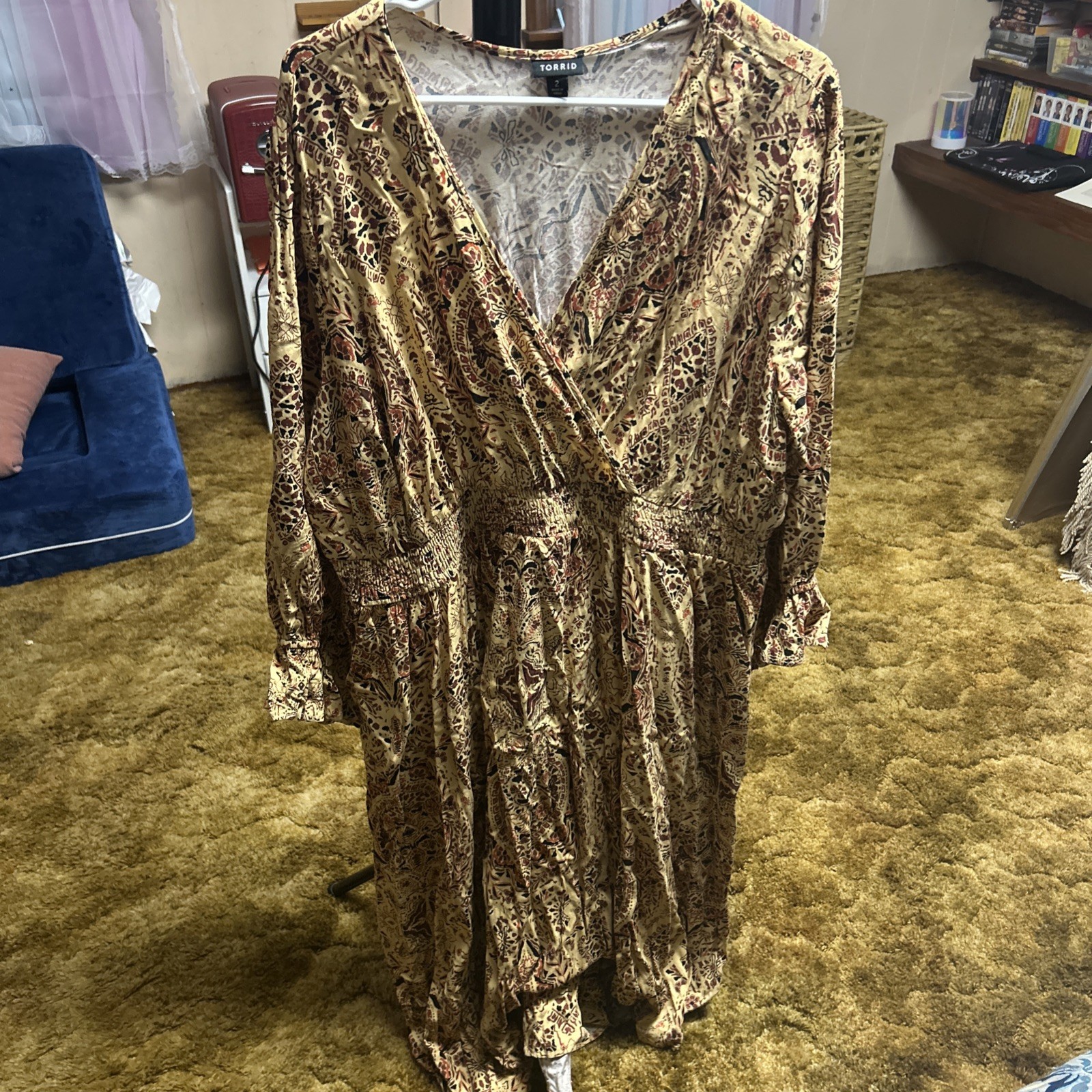 Torrid Beige Brown Paisley Wrap Dress Long Sleeve V-Neck Smocked Knee 2