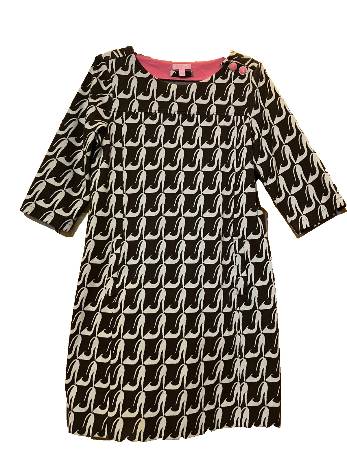 Lilly Pulitzer Dress Mid Length Sleeves Pockets-Heel Yeah-Brown White Size Large