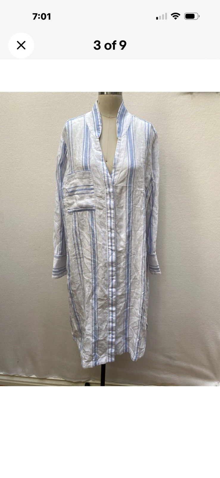 Soft Surroundings Blue White Striped Linen Shirt Dress V-Neck Pockets 1X
