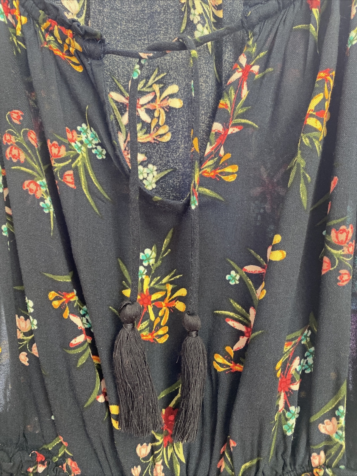 Style & Co L/S Tassel Neck Tie Boho Festival Floral Print S Ruched Waist Belt