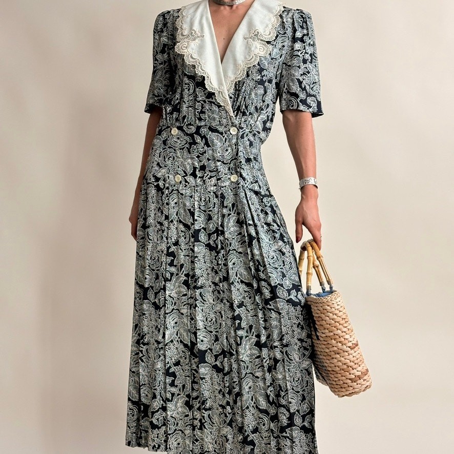 Vintage Jane Singer Navy Floral Maxi Dress – Size 8
