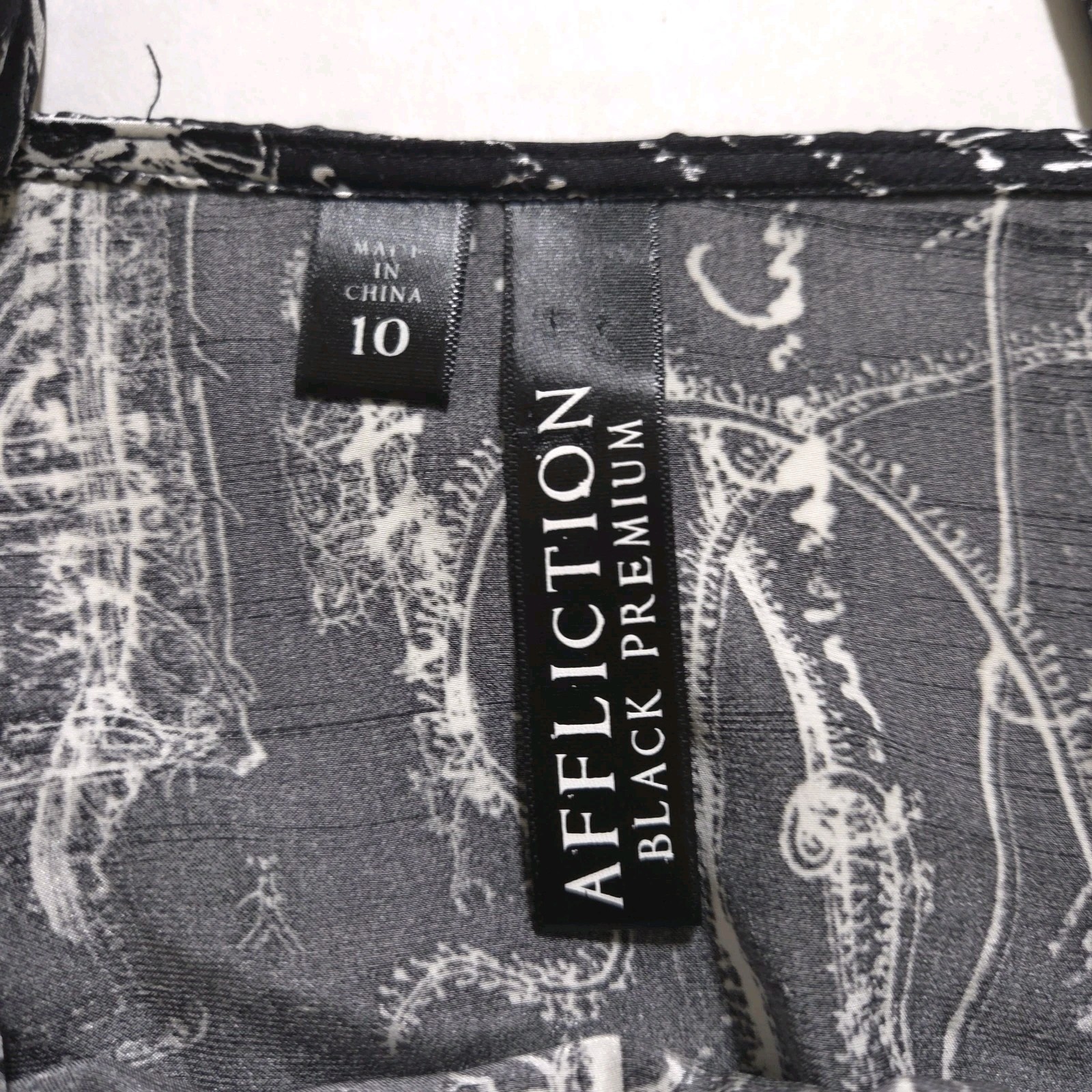 Affliction Black Mini Dress Size 10 Goth Tattoo Skulls Studded Pockets 100% Silk