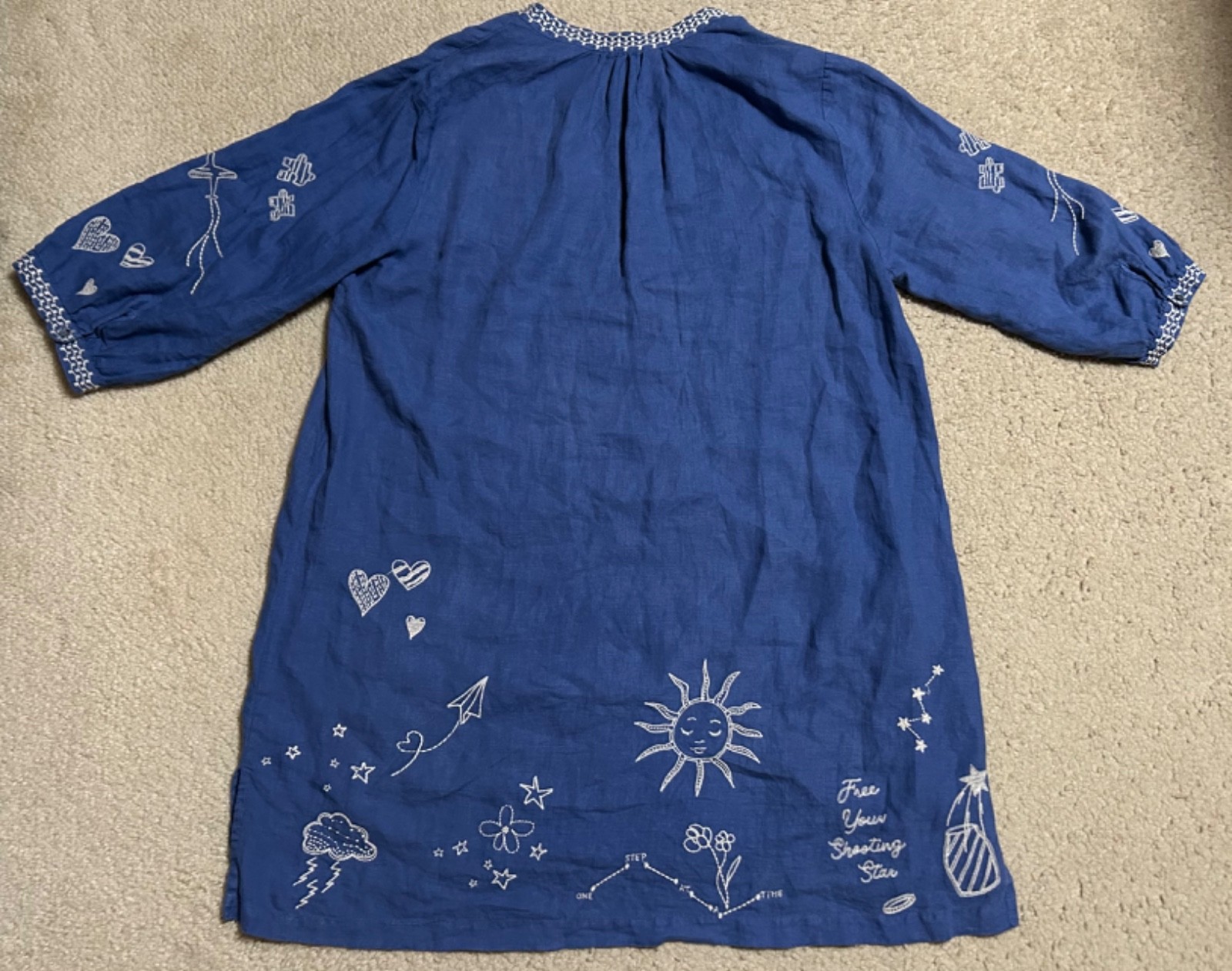 JOHNNY WAS Sovanna Blue Embroidered LINEN Bishop Tunic Dress LARGE popover