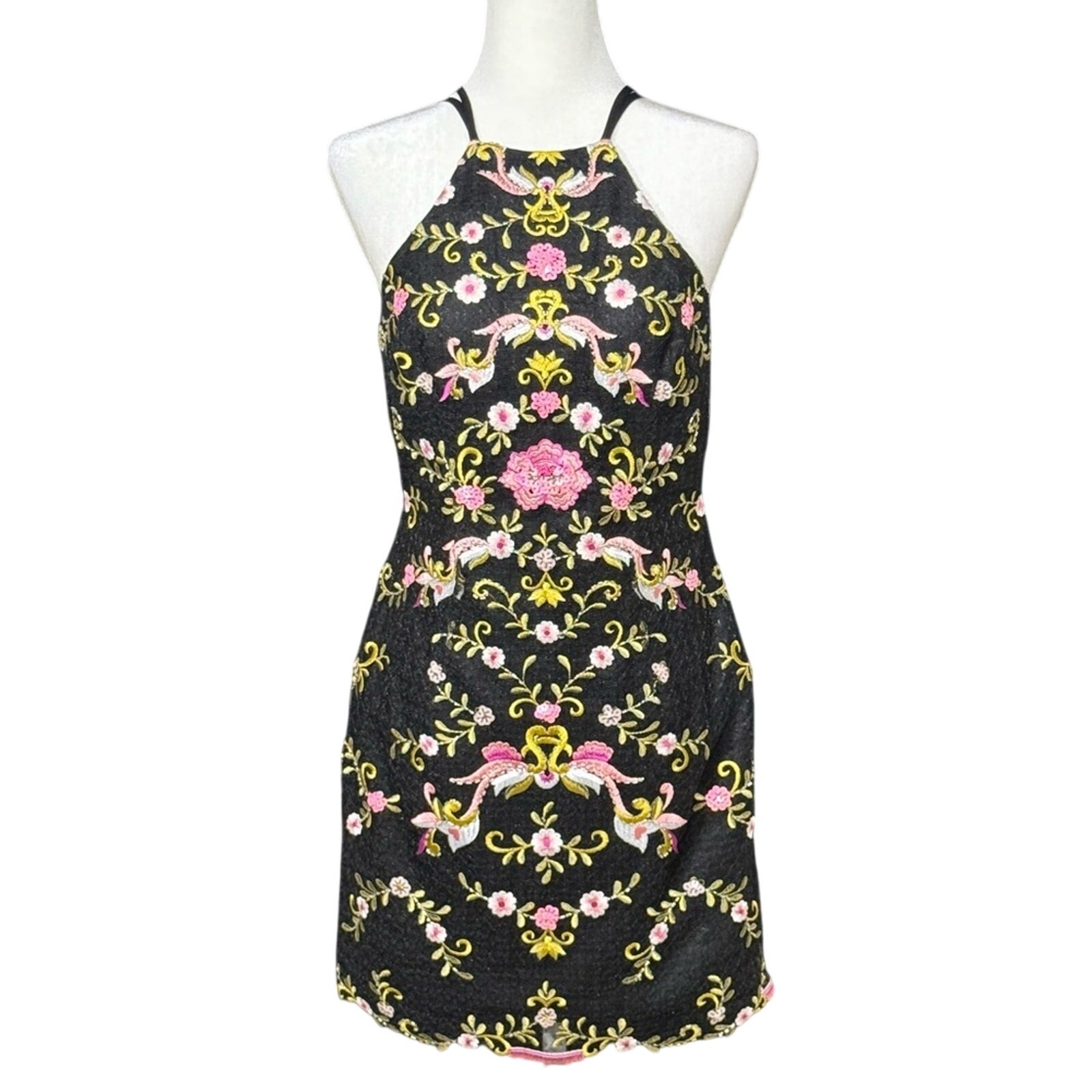Alyce Paris Black Dress with Pink and Yellow Embroidery