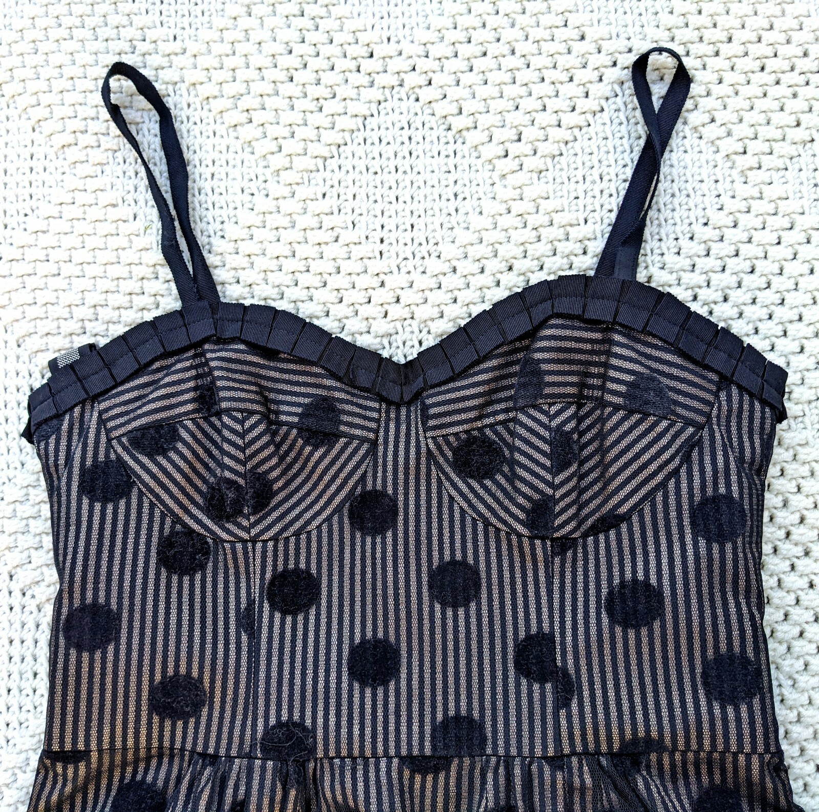 Black beige striped polka dot tulle gothic steampunk rockabilly pin up dress S