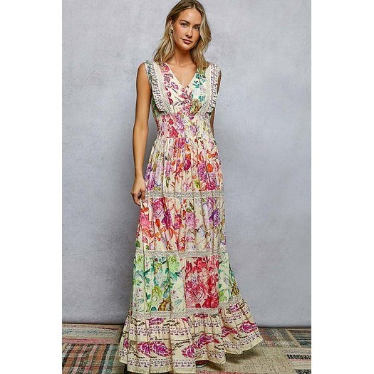 POL Floral Print Tiered Maxi Dress Lace Trim Smocked Waist Boho Sleeveless Large