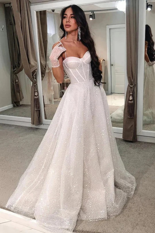 Beach Glitter Wedding Dresses V Neck Party Bridal Arabic Shiny Bridal Gowns